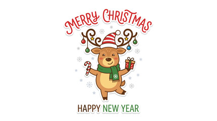 Fototapeta premium Cute Reindeer Holding Gift and Candy Cane, Merry Christmas Text
