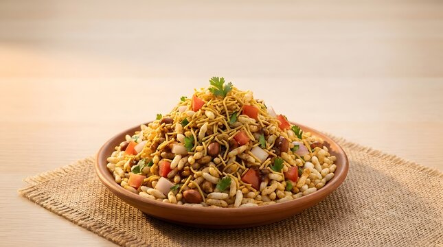 Spicy bhelpuri street snack featuring puffed rice mixed with fresh chopped vegetables and crunchy sev served on white background