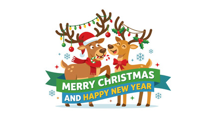 Fototapeta premium Cute reindeer couple with Christmas lights and festive banner