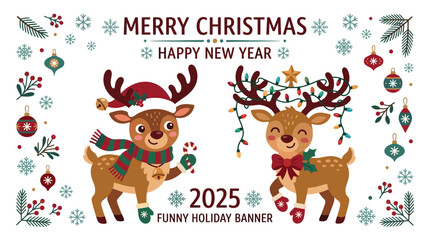 Fototapeta premium Cute cartoon reindeer with Christmas lights and candy cane