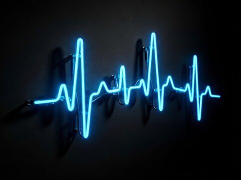 Neon heartbeat waveform displays vibrant colors against a stark black background with sharp focus and clear details