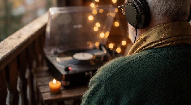 Senior listening to Christmas music with vintage turntable and warm bokeh lights on a wooden balcony.