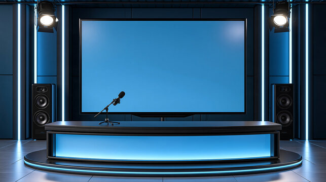 Modern virtual studio interior with elegant lighting, desk, microphone and large display screen, online presentation background, webinar backdrop, remote teaching, digital event