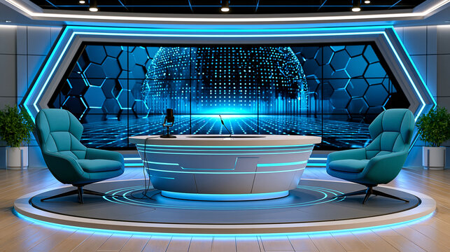 Modern virtual studio interior with elegant lighting, desk, microphone and large display screen, online presentation background, webinar backdrop, remote teaching, digital event