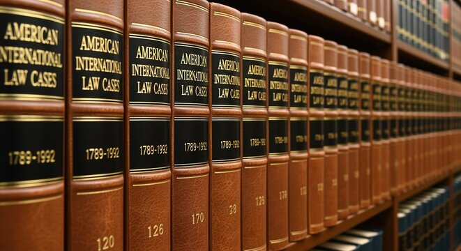 A row of leather-bound American International Law Cases volumes with gold lettering on spines. These classic legal reference books represent legal education, research, and professional expertise.