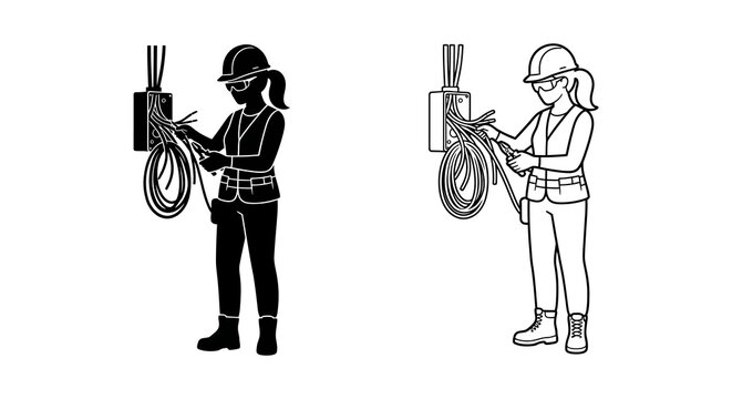 Silhouette of electrician working with electrical wiring and junction box