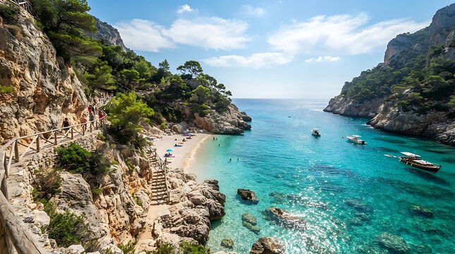 Turquoise coastal cove with rocky cliffs and clear waters inviting beachgoers for summer relaxation