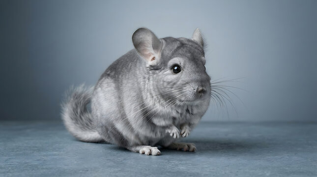 Cute fluffy grey chinchilla sitting on a textured dark studio floor