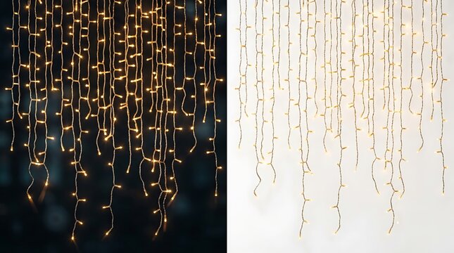 Golden hanging lights cascading in elegant vertical arrangement for event decoration with dark studio background