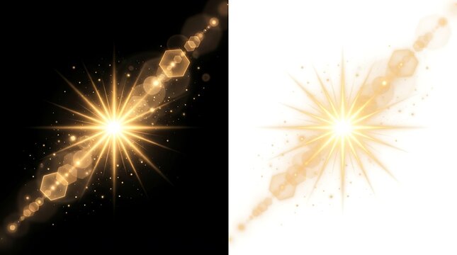 Golden lens flare and starburst effect radiating from bright light source on black background