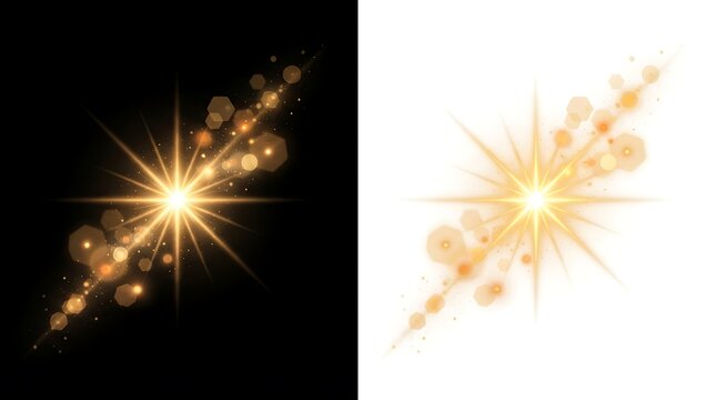 Golden starburst light flare with dynamic rays for creative graphic design projects