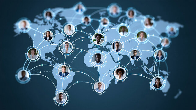 Diverse international business team participating in a virtual conference call from different locations, remote collaboration, global communication, online meeting, digital