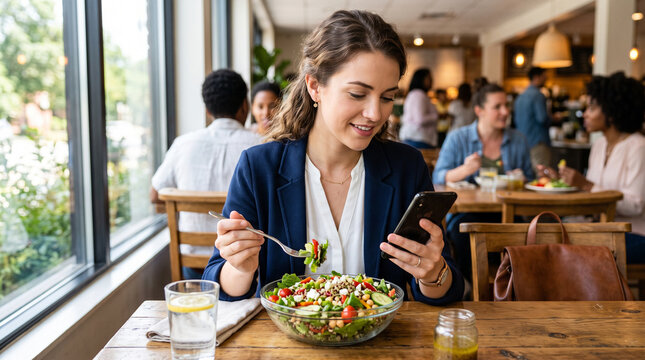 A young professional woman eats a fresh green salad from a glass bowl at a sunny cafeteria table, looking at her smartphone during a healthy office break.