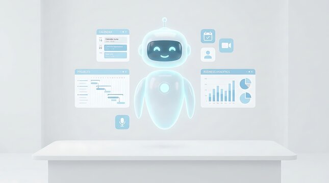 Friendly ai chatbot character floating above a white desk with holographic project management and business analytics data screens displayed