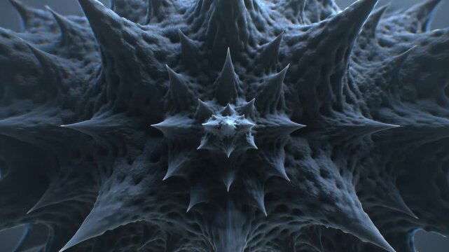 Abstract 3D texture of symmetrical thorny spikes in blue-gray tones forms a moody organic pattern.