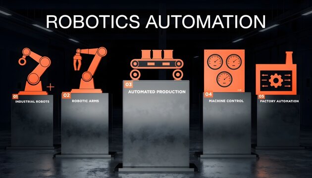 Robotic automation icons displayed on industrial pedestals in a dark factory setting