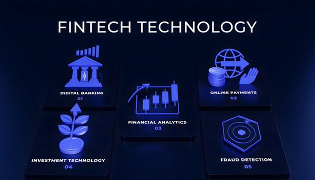 Digital fintech technology icons representing financial services and data analysis