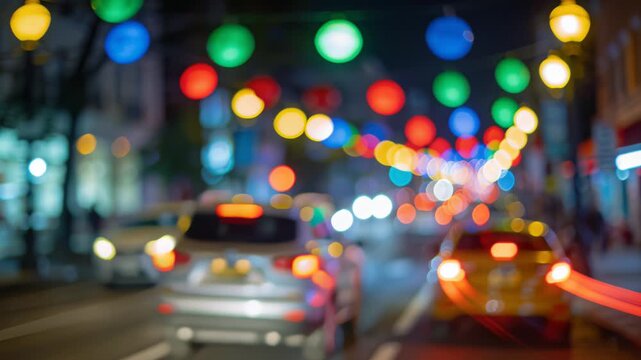 Night street shown in soft focus blur features colorful string lights and passing cars leaving bokeh and glowing light trails.