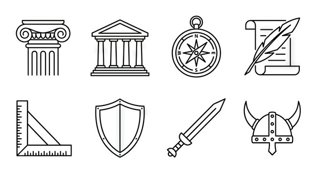 Ancient history and archaeological artifact line icons.