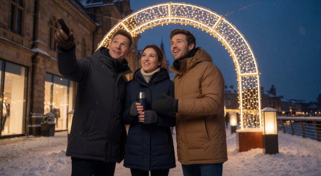 Three friends enjoy watching Christmas lights in the city under a glowing LED arch on a snowy night.