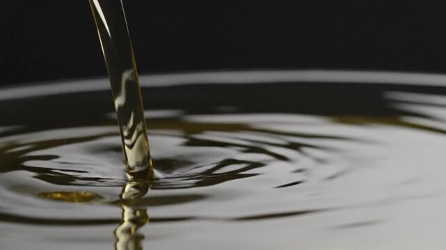 Clear golden vegetable oil pouring into a smooth transparent bowl creating ripples and abstract patterns isolated on a dark black studio background.