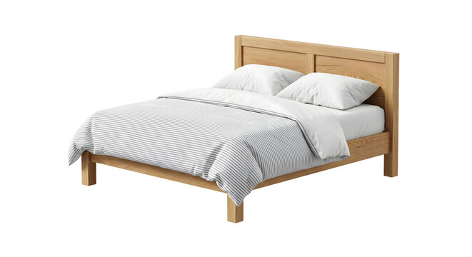 Light oak wood bed frame with white striped bedding and pillows in modern bedroom interior.