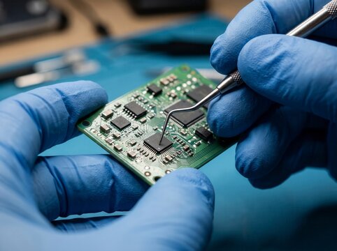 Close-up of technician hands in blue protective gloves examining and repairing microchip components on a green printed circuit board using a precision probe tool.