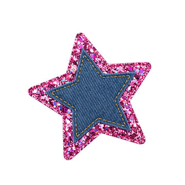 Pink glitter star patch with blue denim core and yellow stitching for energetic clothing styles.