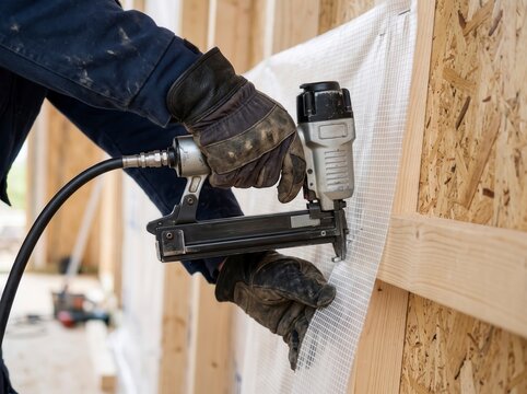 Close-up of a construction worker using a pneumatic staple gun to fix a protective vapor barrier membrane to a wooden stud wall during residential framing and building.