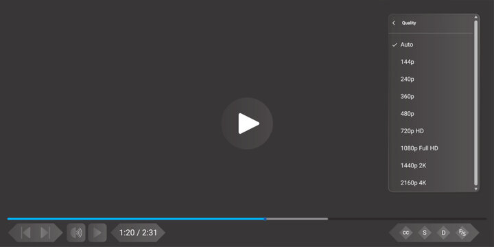 Video Player Interface with Quality Settings Menu and Playback Controls