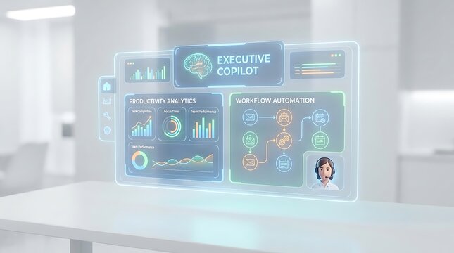 Floating holographic executive copilot dashboard with brain icon, productivity analytics, and workflow automation in a bright office workspace