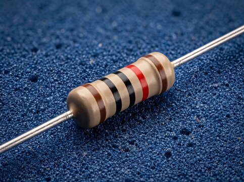 Single resistor with brown black red and gold bands on a blue textured surface close up.