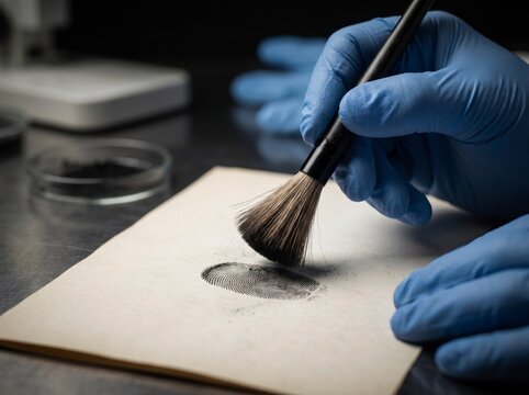 Close-up of a forensic investigator in blue gloves using a brush and black powder to reveal a latent fingerprint on paper inside a crime laboratory.