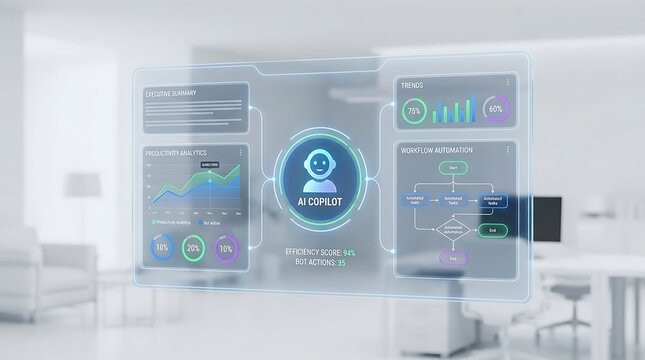 Holographic digital dashboard interface displaying ai copilot analytics, workflow automation, and efficiency scores in a blurred office setting