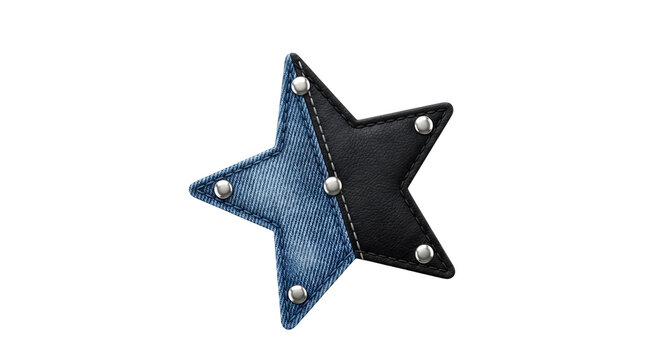 Star-shaped denim and leather patch with metal studs offers rugged accessory for apparel customization.