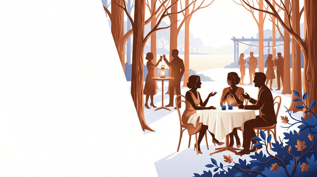 Wedding guests enjoying outdoor reception in fall forest setting  