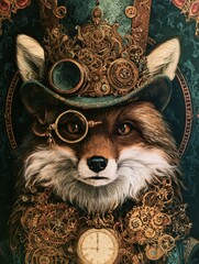Fototapeta premium steampunk fox character wearing ornate top hat monocle and complex brass clockwork gears vintage portrait artwork detailed Victorian animal illustration fantasy background art piece