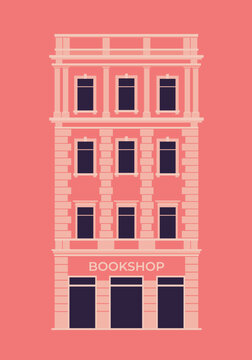 Front facade of a classic building with a "Bookshop" storefront on the ground floor, symmetrical windows, columns, and decorative cornices in a coral pink color palette. Flat vector illustration