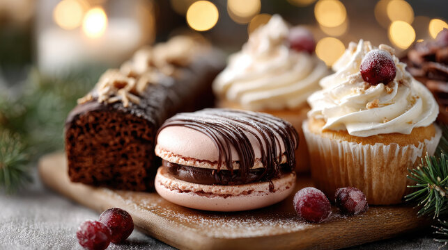 Christmas dessert assortment featuring festive chocolate cupcakes. Sweet macarons. And glazed croissants. Presented with sparkling bokeh lights and seasonal star anise