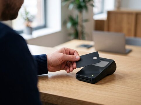 Close-up of a customer's hand making a contactless payment with a black credit card on a modern POS terminal on a wooden counter in an office setting.