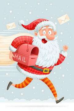 Santa runs with a mailbox carrying letters in a snowy setting with a light blue background