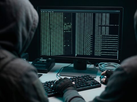 Two hooded cybercriminals or forensic experts analyzing terminal code and data logs on a computer monitor in a dark room.