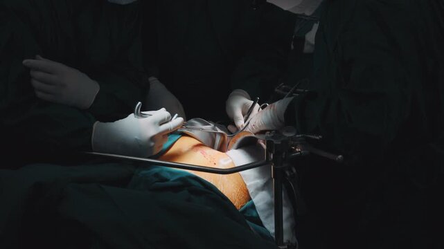 Surgeons use precision instruments during an open abdominal operation on a patient in a sterile operating room. Abdominal surgery, clinical treatment, hospital care, medical teamwork and professional