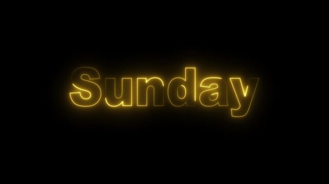 Neon text icon animation on Black background, Glowing neon text 'SUNDAY', text with color golden letters motion design