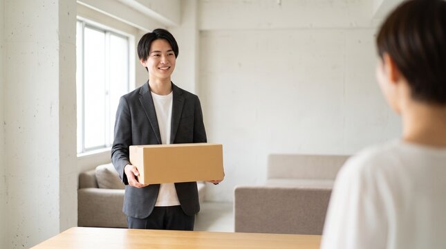 Delivery Man Handing a Cardboard Box to a Client in a Modern Interior