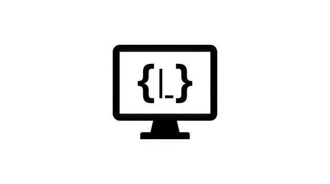 Computer monitor displaying curly bracket coding symbols.