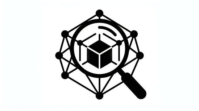 Data analysis cube magnifying glass network icon