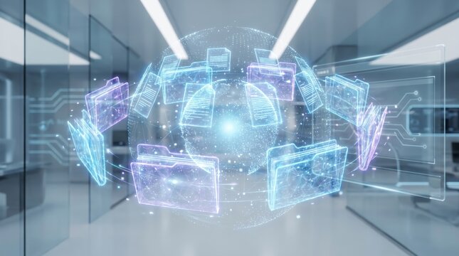 Digital document management system with holographic folders and global data network concept