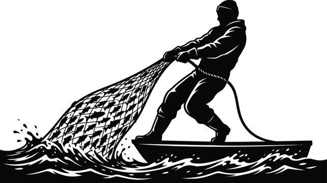 Fisherman pulling fishing net in boat vector art