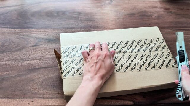 Cutting cardboard box with knife. social media marketing. Unboxing